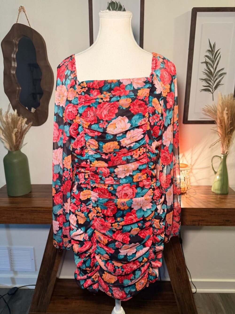 Black Floral Ruched Mini Dress Bodycon Romantic Coquette M